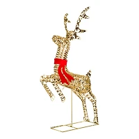 Gold Metal Ribbon Prancing Reindeer Warm White LED Display