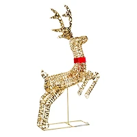 Gold Metal Ribbon Prancing Reindeer Warm White LED Display