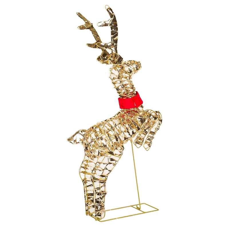 Gold Metal Ribbon Prancing Reindeer Warm White LED Display