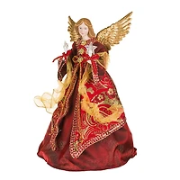Red and Gold Fabric 10-LIGHT Angel Tree Topper Holding Stars