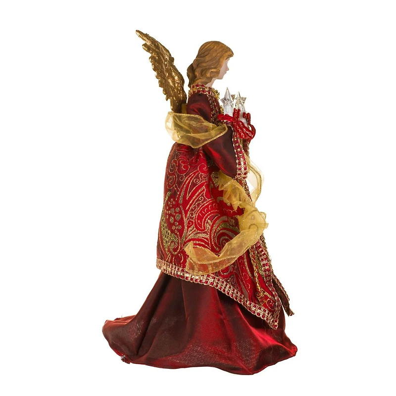 Red and Gold Fabric 10-LIGHT Angel Tree Topper Holding Stars