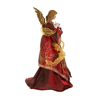 Red and Gold Fabric 10-LIGHT Angel Tree Topper Holding Stars