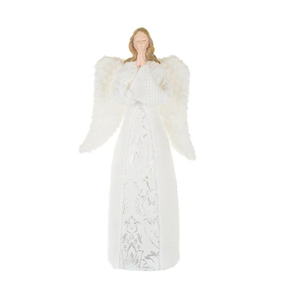 Figurine ange priant en poly blanc avec DEL et ailes duveteuses