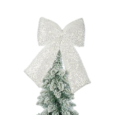 Sequin Silver and White Fabric Ribbon Tree Topper