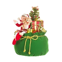 Red and Green Fabric Elf's Christmas Sack Figurine with Bear