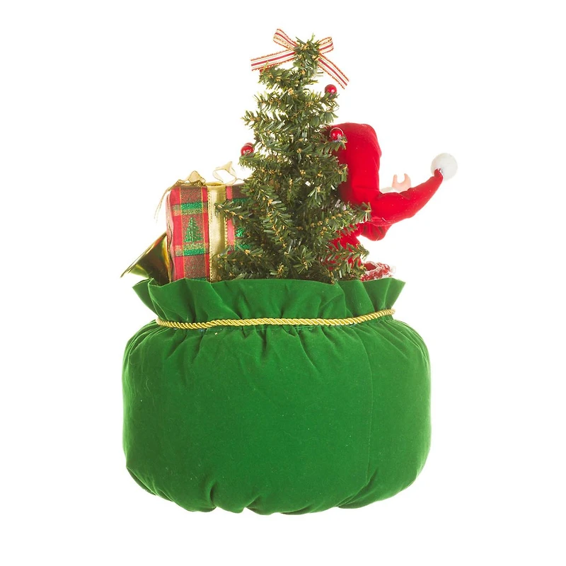Red and Green Fabric Elf's Christmas Sack Figurine with Bear