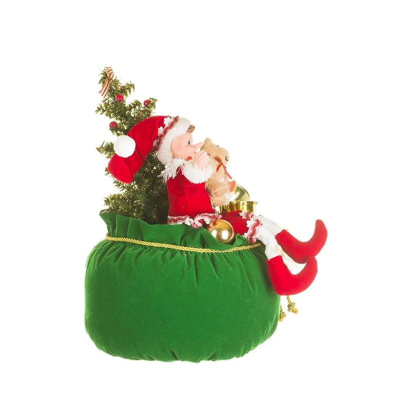 Red and Green Fabric Elf's Christmas Sack Figurine with Bear