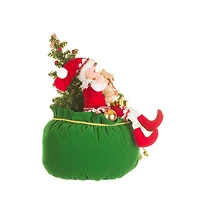 Red and Green Fabric Elf's Christmas Sack Figurine with Bear
