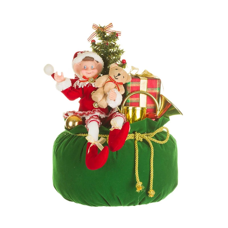 Red and Green Fabric Elf's Christmas Sack Figurine with Bear