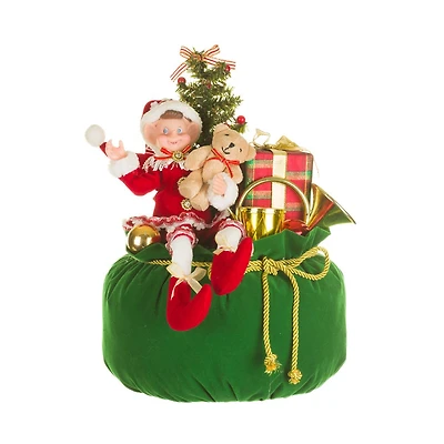 Red and Green Fabric Elf's Christmas Sack Figurine with Bear
