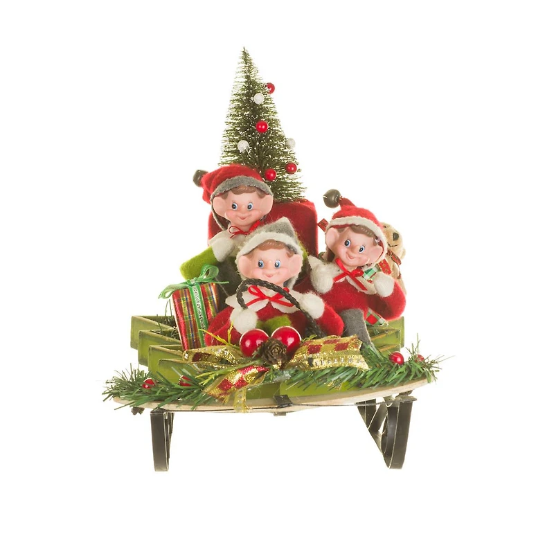 Red and Green Fabric Sledding Elves Figurine with Gifts