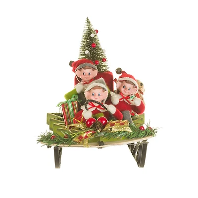 Red and Green Fabric Sledding Elves Figurine with Gifts