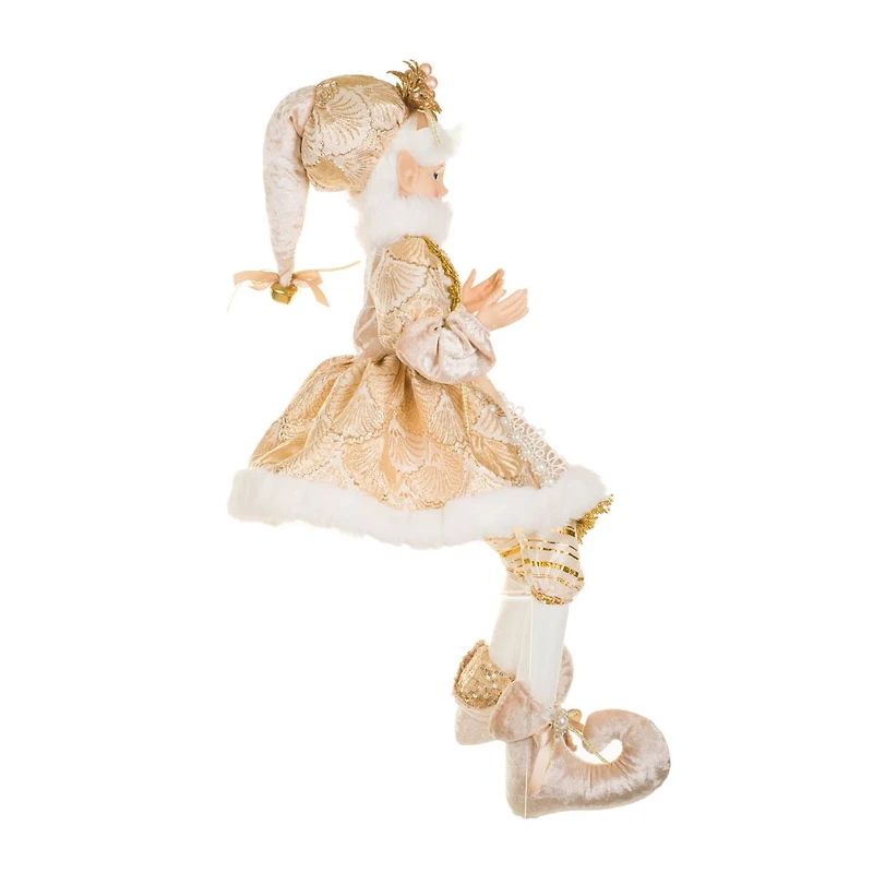 Sequin Gold and White Fabric Elf Figurine with Pearl Accents