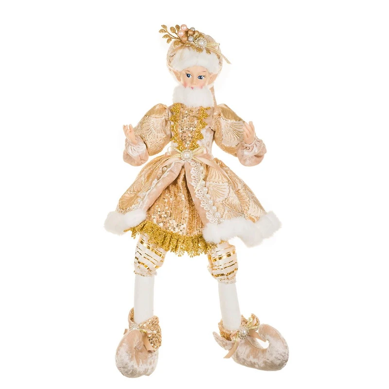 Sequin Gold and White Fabric Elf Figurine with Pearl Accents