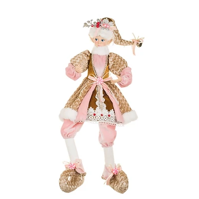 Rhinestoned Pink and Gold Fabric Elf Figurine with Doily Accents
