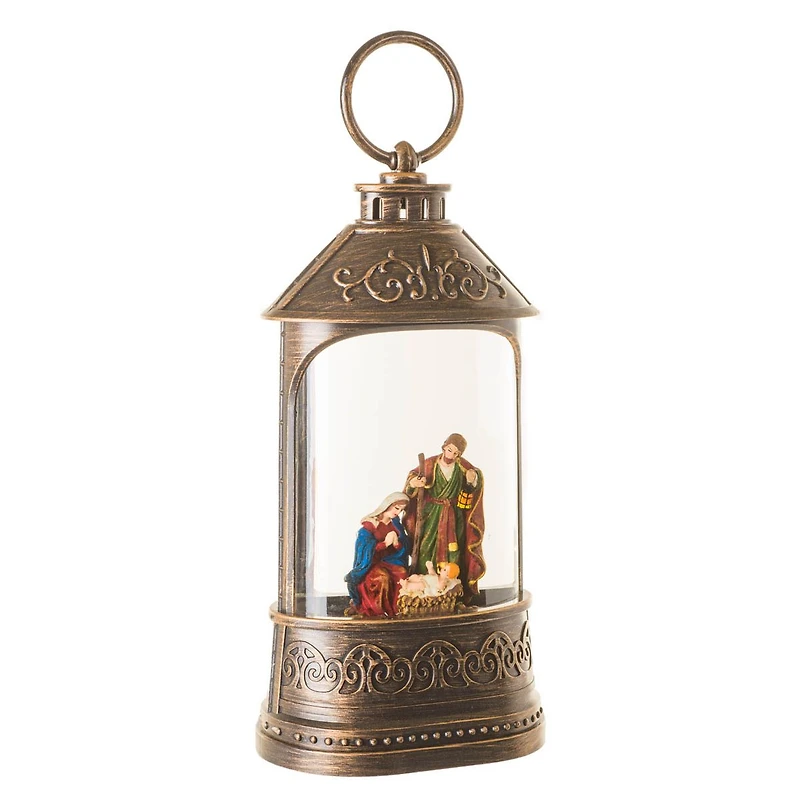 Musical Bronze Plastic Water Lantern Warm White LED Snow Globe Nativity Scene