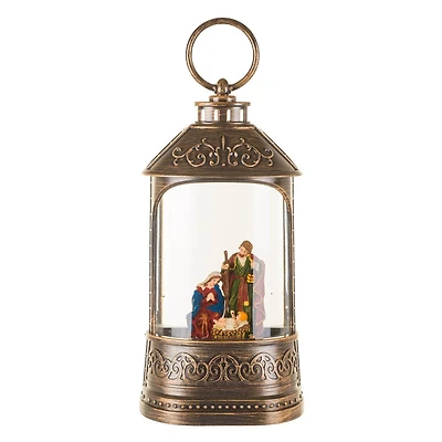 Musical Bronze Plastic Water Lantern Warm White LED Snow Globe Nativity Scene