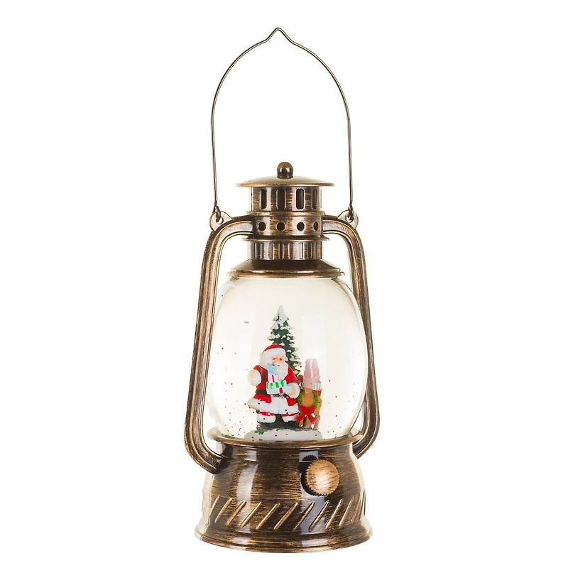 Musical Bronze Plastic Lantern Warm White LED Snow Globe Santa & Reindeer Helper