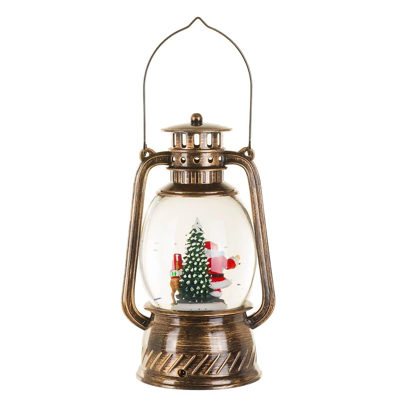 Musical Bronze Plastic Lantern Warm White LED Snow Globe Santa & Reindeer Helper