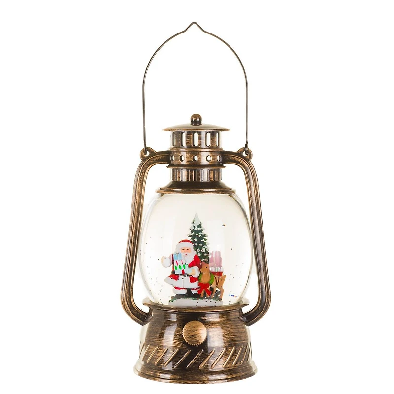 Musical Bronze Plastic Lantern Warm White LED Snow Globe Santa & Reindeer Helper