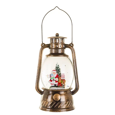 Musical Bronze Plastic Lantern Warm White LED Snow Globe Santa & Reindeer Helper