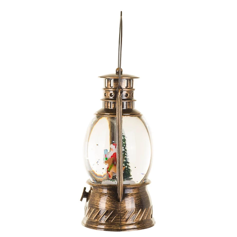 Musical Bronze Plastic Lantern Warm White LED Snow Globe Santa & Reindeer Helper