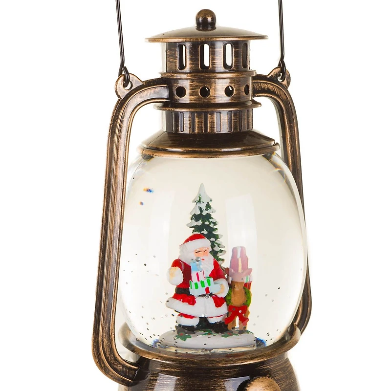 Musical Bronze Plastic Lantern Warm White LED Snow Globe Santa & Reindeer Helper