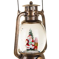 Musical Bronze Plastic Lantern Warm White LED Snow Globe Santa & Reindeer Helper