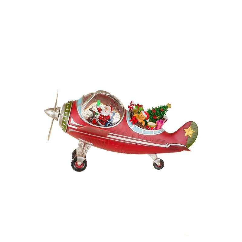 Red Plastic Santa's Airplane Warm White LED Snow Globe