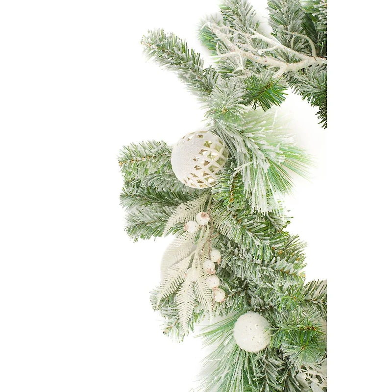 Hangable Flocked White Plastic Fir and Pine Garland Harlequin Bulbs