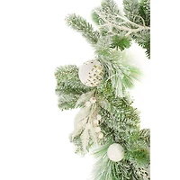 Hangable Flocked White Plastic Fir and Pine Garland Harlequin Bulbs