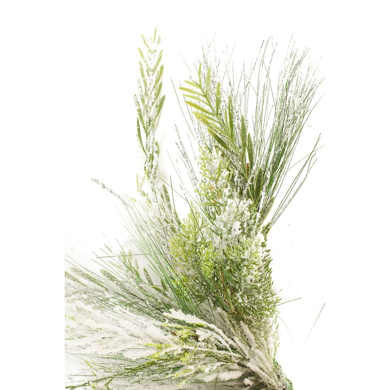 Hangable Flocked White and Green Plastic Mixed Foliage Garland