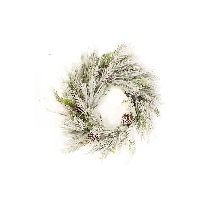 Hanging Flocked White and Green Plastic Mixed Foliage Wreath