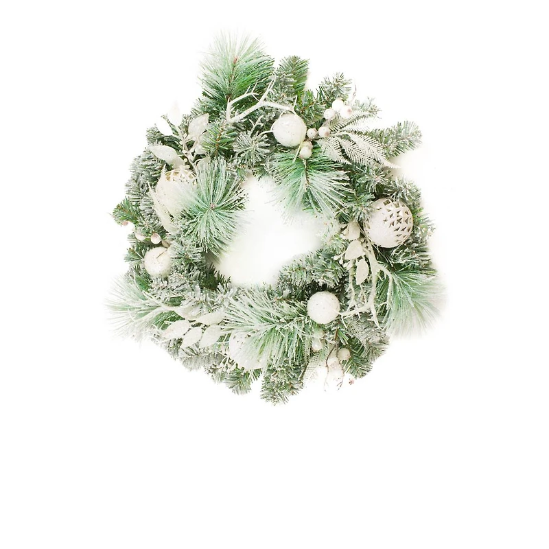 Hanging Flocked White and Plastic Mixed Foliage Wreath