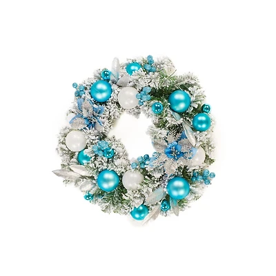 Frosted Blue and Silver Plastic Snow Forest Wreath Flowers