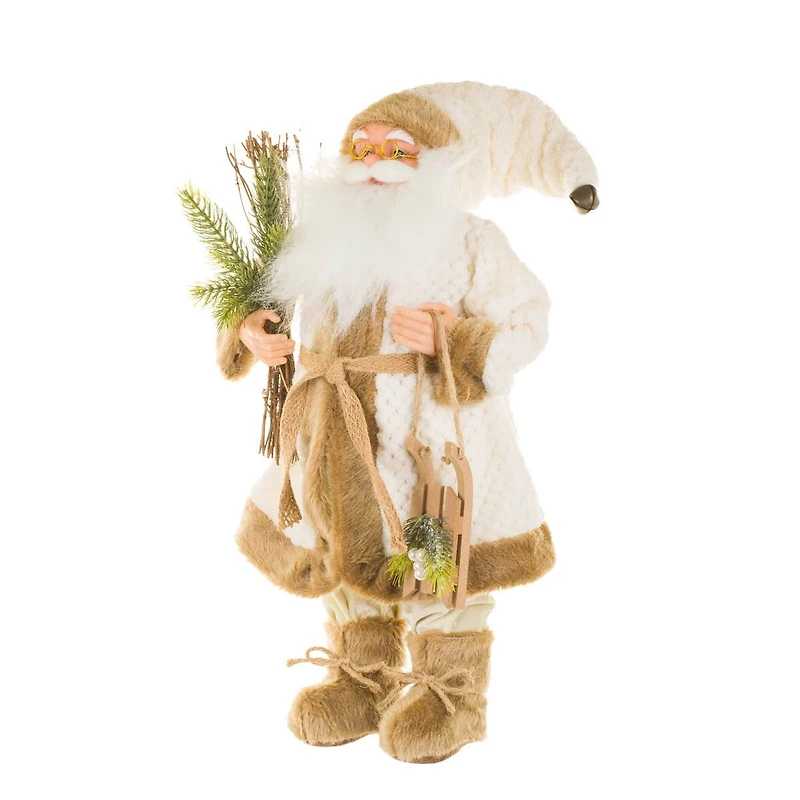 White and Green Fabric Santa Figurine with Sleigh