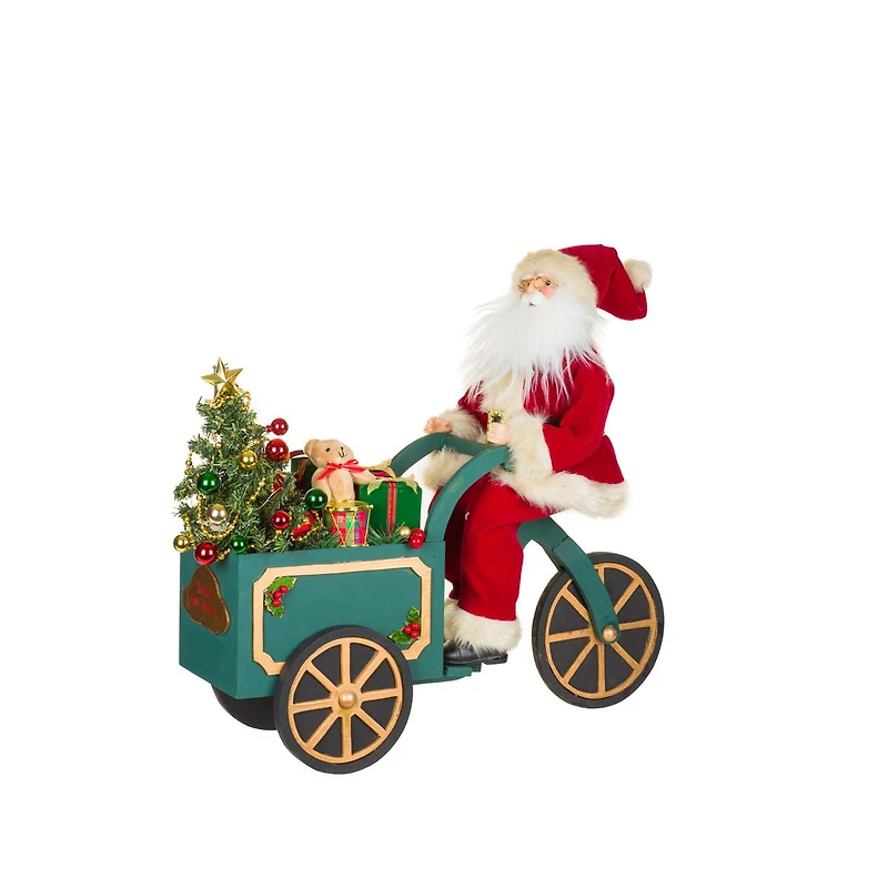 Teal Fabric Special Delivery Santa LED Figurine Riding Wooden Cart