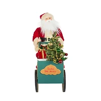 Teal Fabric Special Delivery Santa LED Figurine Riding Wooden Cart