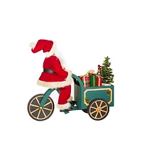 Teal Fabric Special Delivery Santa LED Figurine Riding Wooden Cart