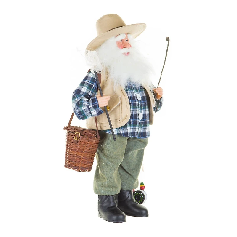 Plaid Azure Fabric Angler Santa Figurine with Rod and Net