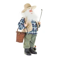 Plaid Azure Fabric Angler Santa Figurine with Rod and Net