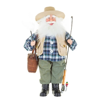 Plaid Azure Fabric Angler Santa Figurine with Rod and Net