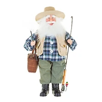 Plaid Azure Fabric Angler Santa Figurine with Rod and Net