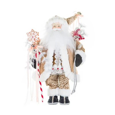 Figurine Père Noël suspendue en tissu crème et blanc avec strass et cadeaux