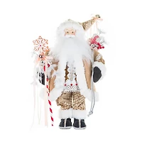 Figurine Père Noël suspendue en tissu crème et blanc avec strass et cadeaux