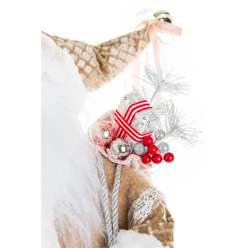 Rhinestoned Cream and White Fabric Gingerbread Santa Figurine Presents