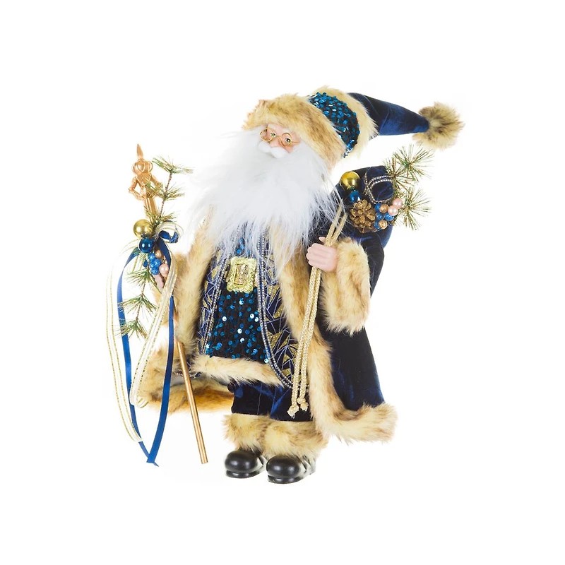 Sequin Midnight Blue and Gold Fabric Santa Figurine with Scepter