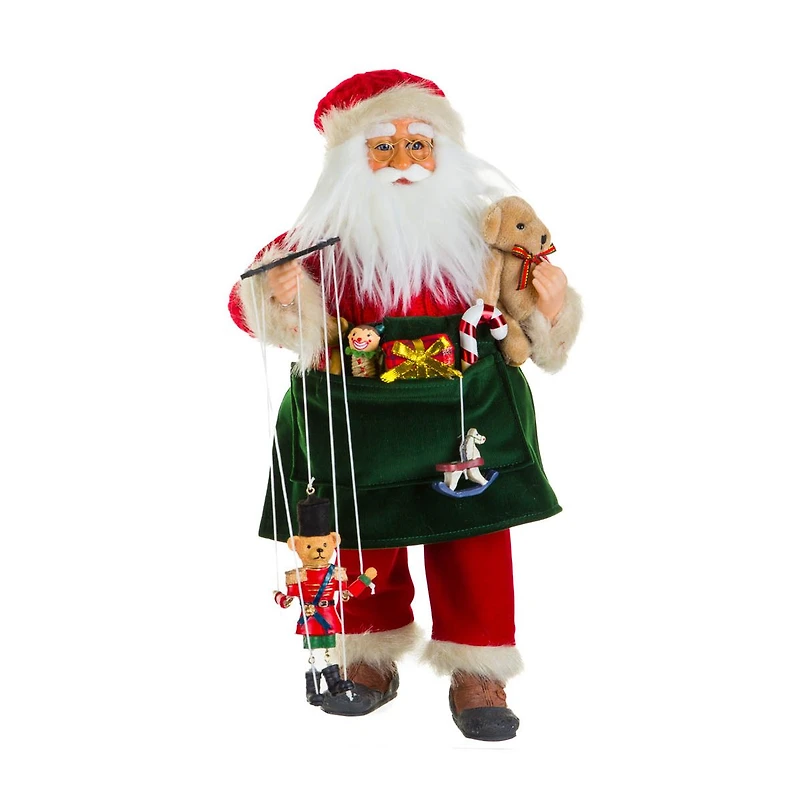 Red and Green Fabric Toymaker Santa Figurine with Puppets