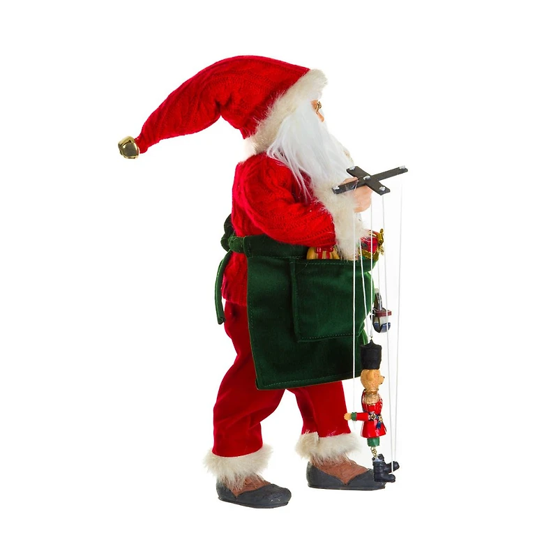 Red and Green Fabric Toymaker Santa Figurine with Puppets