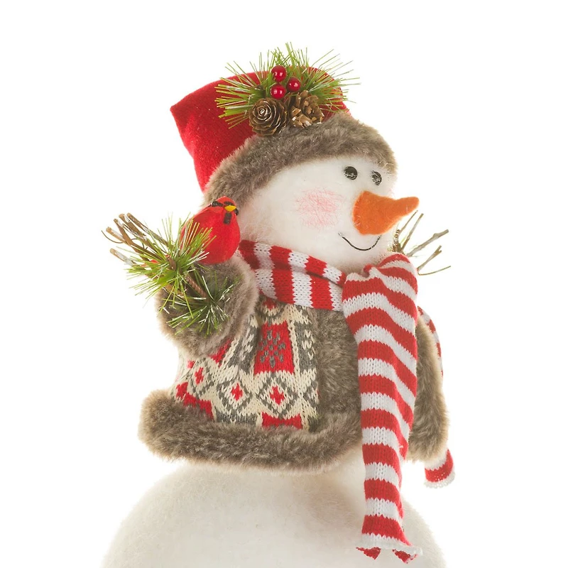 Figurine bonhomme de neige suspendue en tissu rouge avec cardinal